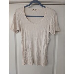 AMO Womens Organic Cotton Pointelle Scoop Neck Tee medium Y2K 90s cream ribbed